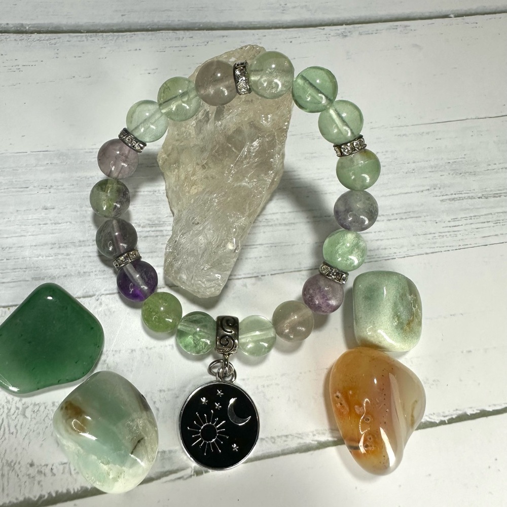 Fluorite 8mm Gemstone Beaded Bracelet with Moon & Sun Charm